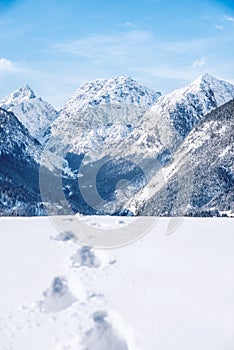 Footprints in fresh snow in the alps