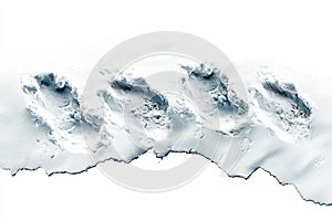 Footprints In Fresh Snow On White Background. Winter Exploration And Adventure