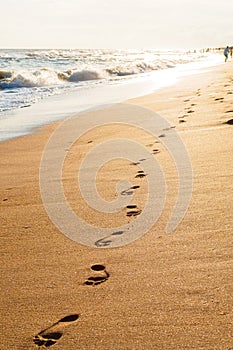 Footprints on golden sand by the sea