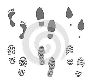 Footprints human shoes silhouette. Set of footprints and shoeprints icons in black showing bare feet and the imprint of the soles