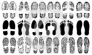 Footprints human shoes silhouette, vector set, isolated on white background.