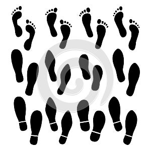 Footprints human shoes silhouette, vector set, isolated on white background. Vector illustration