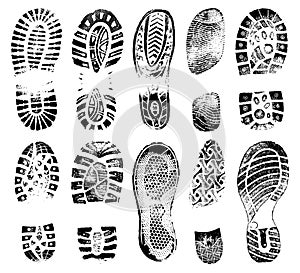 Footprints human shoes silhouette, vector set, traces of boot.