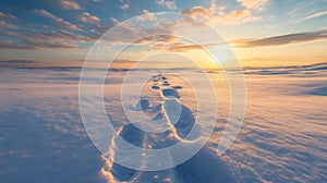 Footprints Leading Through a Snowy Landscape at Sunset