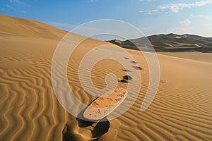 footprints leading to a sandboard in the desert