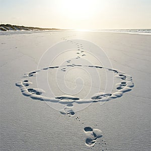 Footprints running in a circle on a sandy beach.