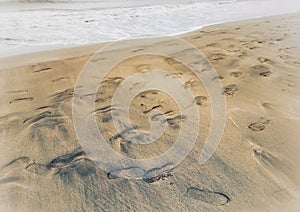 The footprints on the sand on the beach
