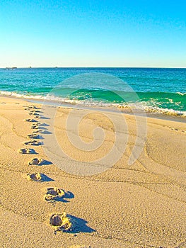 Footprints in the sand at a beach at the Bay of Fires, North-Eastern Tasmania, Australia