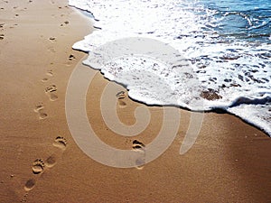 Footprints on sand near the sea. Sunny beach. Holidays.