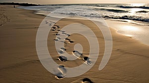 Footprints in the sand by the ocean