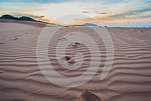 Footprints in the sand in the red desert at Sunrise