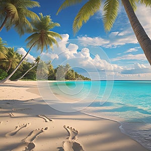 Footprints in the sand on a tranquil beac