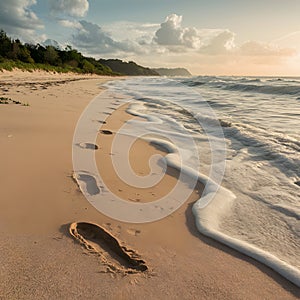 Footprints on sandy beach being washed away, transient imprints