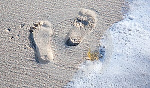 Footprints and Sea Water on a Sandy Beach