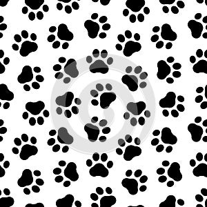 Footprints seamless pattern. Pet prints. Paw cute background for pets dog, cat. Foot puppy. Black shape pawprints. Footprint. Anim