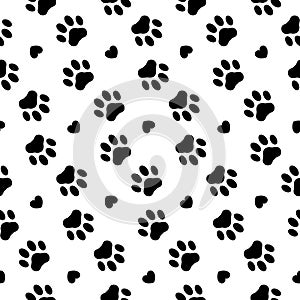 Footprints seamless pattern. Pet prints. Paw cute background for pets dog, cat. Foot puppy. Black shape pawprints. Footprint. Anim