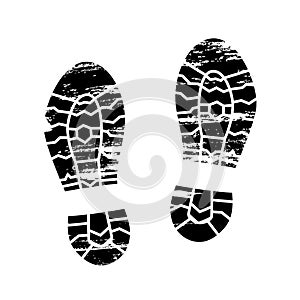 Footprints and shoeprints icon in black and white showing bare feet and the imprint of the soles with patterns of male