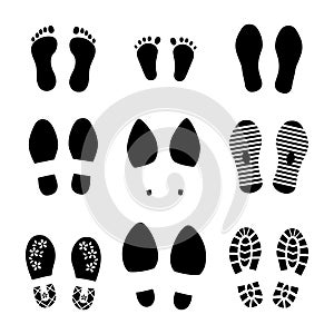 Footprints. Shoes and legs human steps, baby child and grown man footsteps, people funny step prints symbols. Vector