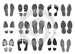 Footprints silhouette, footsteps, boot sneaker shoe print. Human barefoot imprint, dirty shoes sole prints, footprint