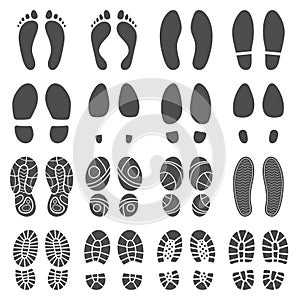 Footprints silhouettes. Barefoot steps prints, boots step and foot feet print isolated vector silhouette illustration