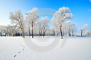 The footprints on the snow field and trees with rime