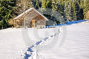 Footprints in snow leading to old wooden cabin and forest. Allgau, Bavaria, Germany, Alps.