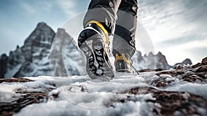 Footprints in the Snow, Sneaker Climber Ventures Up a Majestic Winter Peak. Generative AI