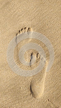 Footprints on the tropical white sand beach. Abstract life concept image.