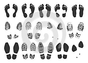 Footstep icon. Footprint black symbols collection. Bare human feet and shoe print tracks. Sneaker and boot sole traces. Male and