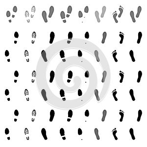 Footsteps. Footprints. Shoe and bare foot print. Shoes imprints set. Foot trail. Vector