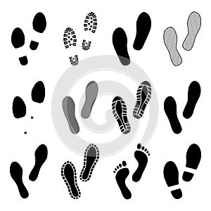 Footsteps. Footprints. Shoe and bare foot print. Shoes imprints set. Vector