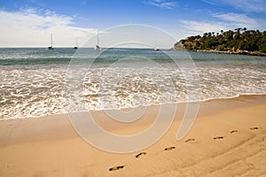 Footsteps in the sand on a beach