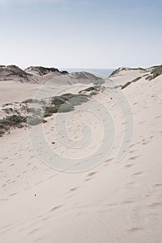 Footsteps in the sand dunes with blue skies