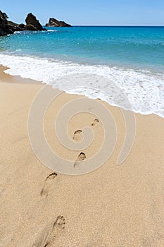 Footsteps in sandy beach leading to blue sea at coast