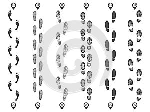 Footsteps track routes. Footprint trail, footstep imprint way route and walking foot steps map pins isolated vector