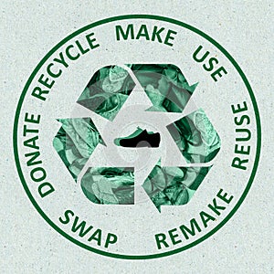 Footwear circular economy shoes use, reuse, remake, swap, donate, recycle on  green card photo