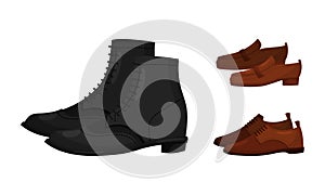 Footwear with Ankle Boots with Shoe Laces and Loafer Vector Set