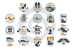 Footwear store logo set, shoe style premium quality estd 1963 vector Illustrations