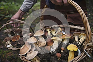 forager with basket full of assorted mushrooms photo