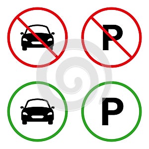 Forbid Parking Car Silhouette Pictogram. Park Vehicle Transport Allowed Road Green Sign. Car Prohibited Black Icon