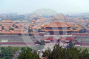 The Forbidden City behind Tiananmen Square in capital city, Beijing, China.