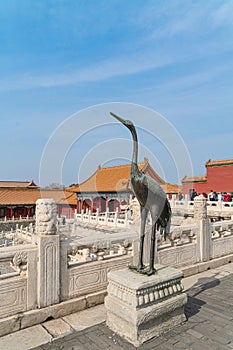 The Forbidden City of China, the cranes in front of the Hall of Supreme Harmony, the Forbidden City