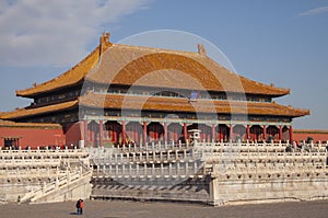 The forbidden city Chinese imperial palace from the Ming Dynasty. View over the Harmony Square with the Hall of Supreme Harmony