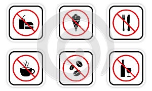 Forbidden Drink Cofee Tea Eat Pictogram Set. Ban Alcohol Black Silhouette Icon. Unhealthy Food Red Stop Symbol. No