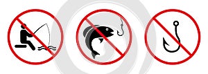 Forbidden Fishing Hook Fish Black Silhouette Icon Set. Fisherman Red Stop Circle Symbol. No Allowed Catch Fish in Lake