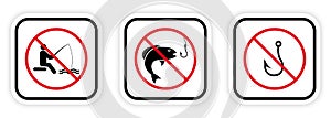 Forbidden Fishing Hook Fish Black Silhouette Icon Set. Fisherman Red Stop Circle Symbol. No Allowed Catch Fish in Lake