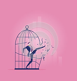 Forbidden and freedom, businessman breaking out the large birdcage - Business concept vector