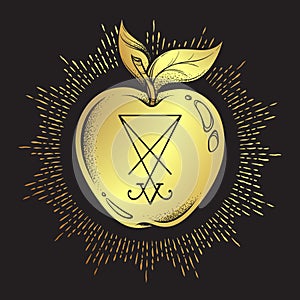 Forbidden fruit apple from the tree of knowledge with he sigil of Lucifer isolated hand drawn line art and dot work vector illustr