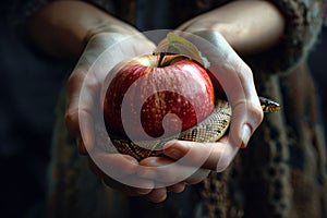 Forbidden Fruit. The Biblical Story. Apple and Snake. AI Generated