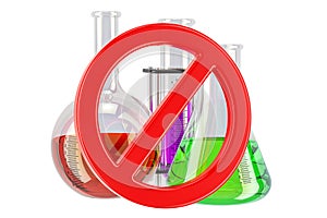 Forbidden sign with chemical flasks, 3D rendering